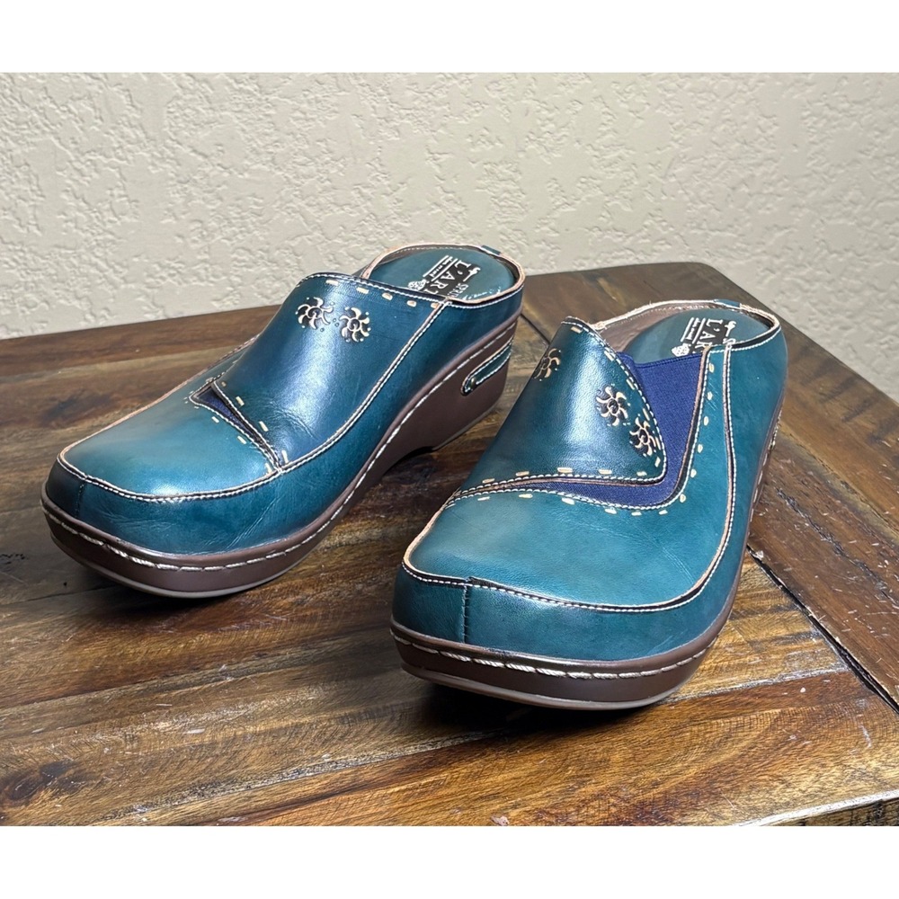 L'Artiste Spring Step Womens 40 Teal Leather Comfort Clogs Mules Slip On